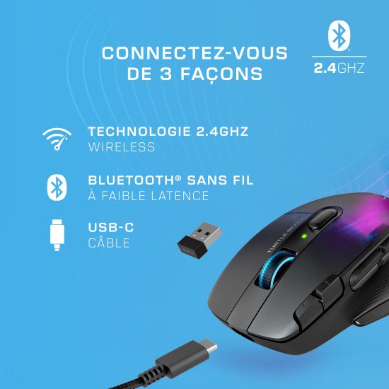 Turtle Beach Kone XP Air - Souris gaming RGB ergonomique, personnalisable et sans fil, Bluetooth, capteur optique 19 000 DPI, autonomie de batterie de 100 heures, station de charge, 29 entrées programmables, éclairage AIMO RGB, molette 4D Noir