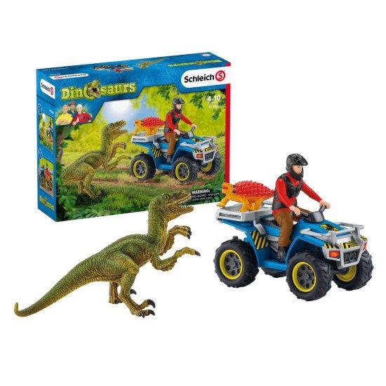 schleich Dinosaurs Fuite sur quad face au vélociraptor