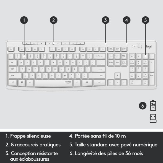 Logitech MK295 Silent Wireless Combo clavier RF sans fil QWERTY US International Blanc