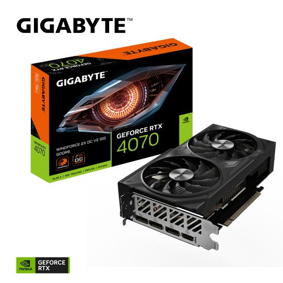 GIGABYTE Carte Graphique GeForce RTX 4070 WINDFORCE 2X OC V2 12G - 12GB GDDR6, 192bit, PCI-E 4.0, 2490MHz Core Clock, 3 x DisplayPort 1.4a, 1 x HDMI 2.1a, NVIDIA DLSS 3, GV-N4070WF2OCV2-12GD