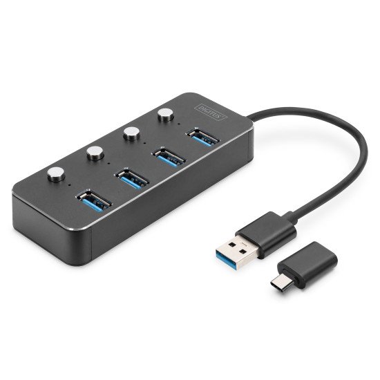 Digitus Hub USB 3.0, 4 ports, commutable, boîtier aluminium