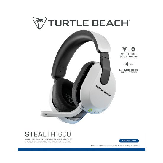 Turtle Beach Casque gaming amplifié multiplateforme sans fil Stealth 600 pour PS5, PS4, PC, Nintendo Switch et mobile - Bluetooth, 80 heures de batterie, microphone antibruit désactivable par basculement et écouteurs de 50 mm - Blanc