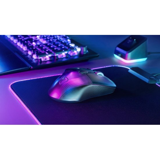 Turtle Beach Kone XP Air - Souris gaming RGB ergonomique, personnalisable et sans fil, Bluetooth, capteur optique 19 000 DPI, autonomie de batterie de 100 heures, station de charge, 29 entrées programmables, éclairage AIMO RGB, molette 4D Noir