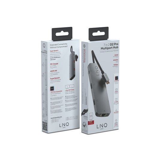 LINQ byELEMENTS LQ48011 hub & concentrateur 2 x USB 3.2 Gen 2 (3.1 Gen 2) Type-C 10000 Mbit/s Noir, Gris