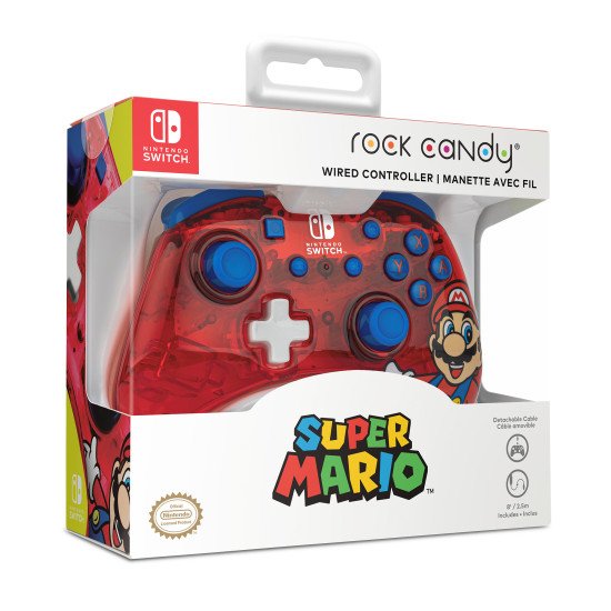 PDP Rock Candy: Mario Punch Rouge, Translucide USB Manette de jeu Analogique/Numérique Nintendo Switch, Nintendo Switch Lite, Nintendo Switch OLED