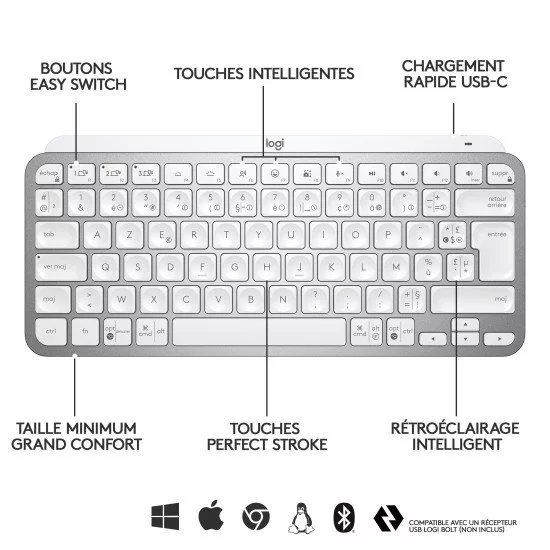 Logitech MX Keys Mini For Mac Minimalist Wireless Illuminated Keyboard  clavier Bluetooth QWERTZ Allemand Gris