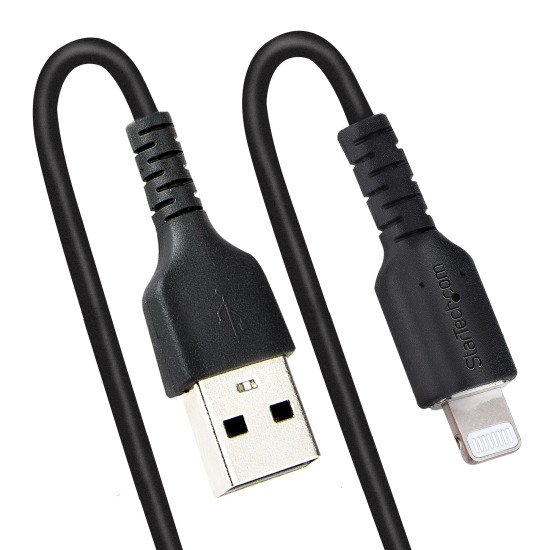 StarTech.com Câble USB vers Lightning de 50cm - Certifié Mfi - Adaptateur USB Lightning Noir, Gaine durable en TPE - Cordon Chargeur Iphone/Lightning Spiralé en Fibre Aramide - Câble USB pour Iphone Très Résistant