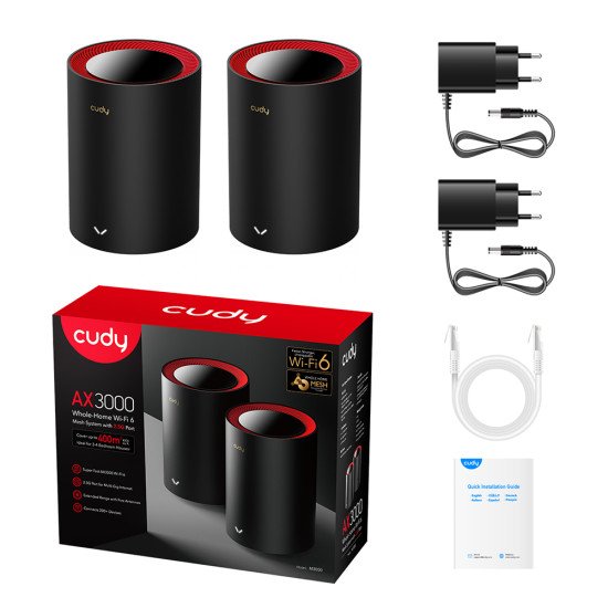 Cudy M3000 2-Pack Bi-bande (2,4 GHz / 5 GHz) Wi-Fi 6 (802.11ax) Noir, Rouge 1 Interne