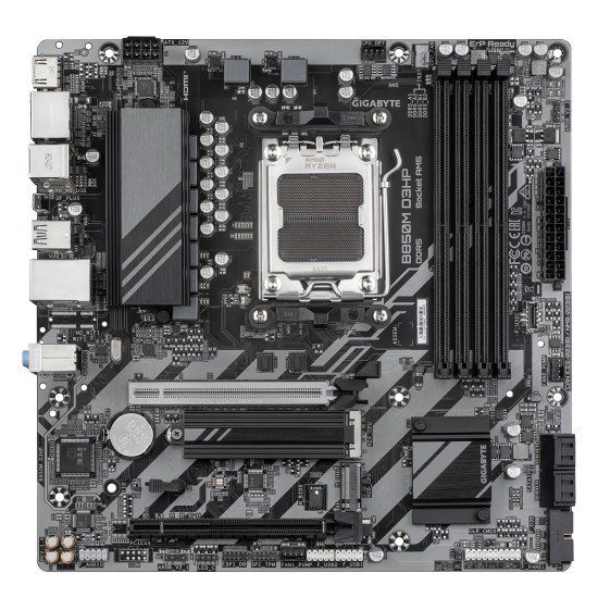 GIGABYTE B850M D3HP Carte Mère - Processeurs AMD Ryzen Série 9000, 5+2+2 phases VRM numériques, jusqu'à 8200MHz DDR5 (OC), 1xPCIe 5.0 + 1xPCIe 4.0 M.2, LAN GbE, USB 3.2 Gen 2