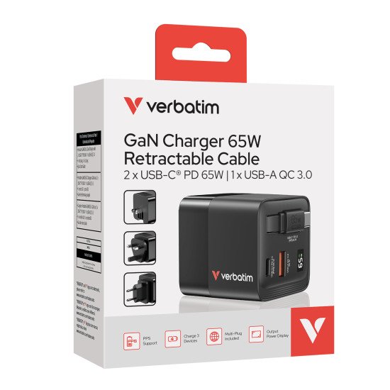 Verbatim GaN Charger 65W Universel Noir Secteur Charge rapide Intérieure