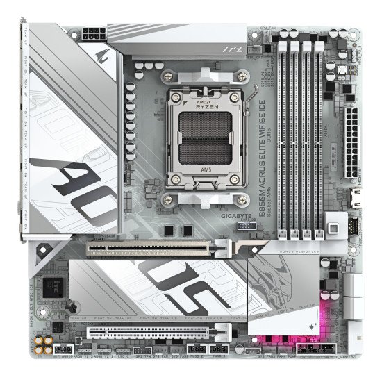 GIGABYTE B850M AORUS ELITE WIFI6E ICE Carte Mère - Processeurs AMD Ryzen Série 9000, 12+2+1 phases VRM numériques, jusqu'à 8200MHz DDR5 (OC), 1xPCIe 5.0 + 1xPCIe 4.0 M.2, LAN 2.5, WIFI 7, USB 3.2 Gen 2