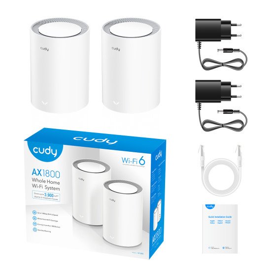 Cudy M3000 2-PACK système Wi-Fi maillé Bi-bande (2,4 GHz / 5 GHz) Wi-Fi 6 (802.11ax) Gris, Blanc 1 Interne