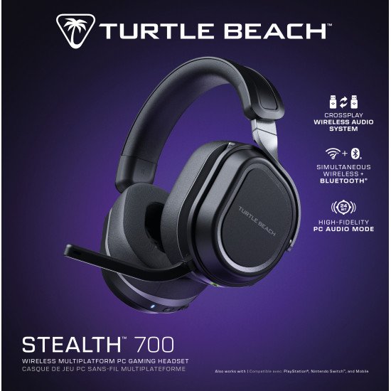 Turtle Beach Casque gaming amplifié multiplateforme sans fil Stealth 700 pour PC, PS5, PS4 et mobile - Audio 24 bits, haut-parleurs 60 mm, microphone avec isolation acoustique par l'IA, Bluetooth, autonomie de la batterie de 80 h - Noir