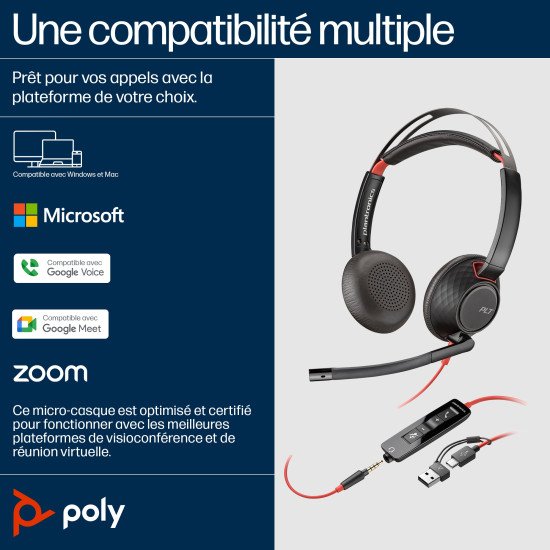 POLY Micro-casque stéréo USB-C Blackwire 5220 + prise 3,5 mm + adaptateur USB-C/A (lot)