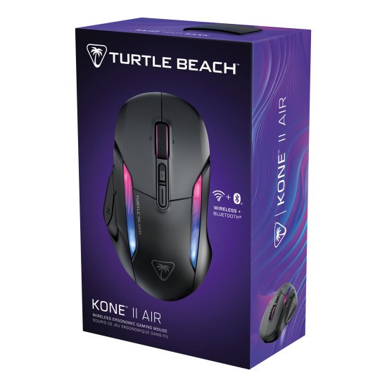 Turtle Beach Kone II Air - Souris gaming RGB ergonomique sans fil, batterie 350 h, capteur optique 26 000 DPI, interrupteurs optiques 100 M de clics, 21 entrées personnalisables, molette 4D Free-Spin - Noir cendre