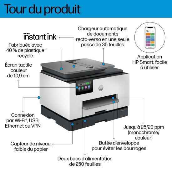 HP OfficeJet Pro Imprimante Tout-en-un HP 9132e, Couleur, Imprimante pour Petites/moyennes entreprises, Impression, copie, scan, fax, Sans fil; HP+; Éligibilité HP Instant Ink; Impression recto-verso; Numérisation recto-verso; Chargeur automatique de docu