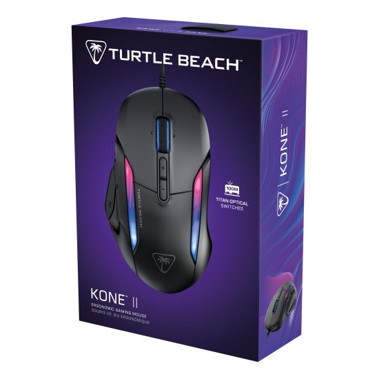 Turtle Beach Kone II - Souris gaming RGB ergonomique filaire, capteur optique 26 000 DPI, interrupteurs optiques 100 M de clics, 23 entrées personnalisables, molette 4D, patins en PTFE pur - Noir cendre