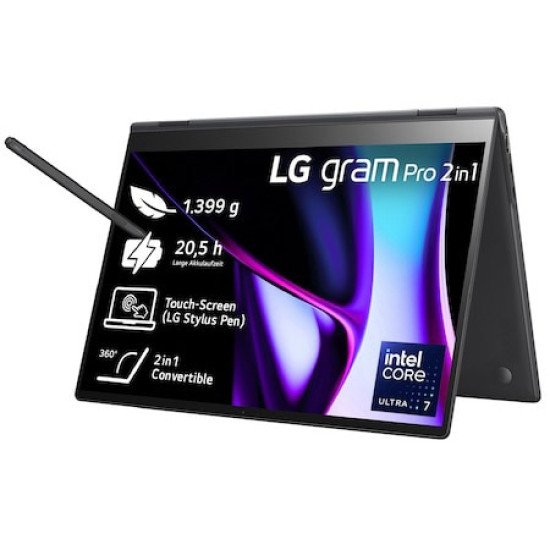 LG Gram Pro 16T90SP Intel Core Ultra 7 155H Hybride (2-en-1) 40,6 cm (16") Écran tactile WQXGA+ 16 Go LPDDR5x-SDRAM 1 To SSD Wi-Fi 6E (802.11ax) Windows 11 Pro Noir