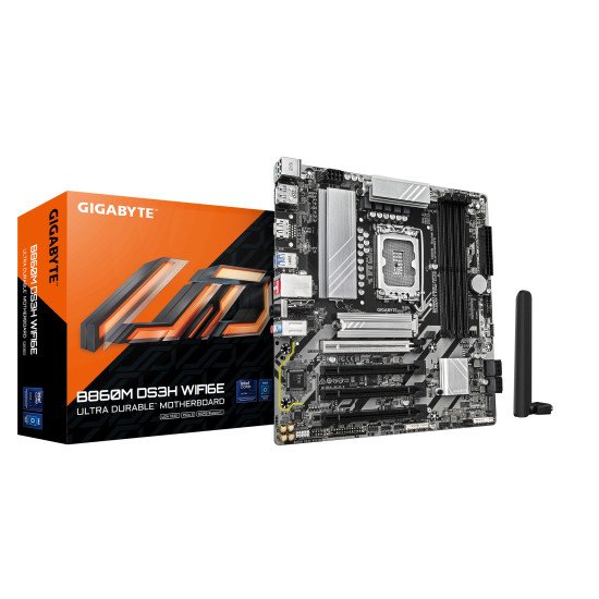 GIGABYTE B860M DS3H WIFI6E Carte mère - Processeurs Intel Core Ultra, VRM 5+1+2+1 phases, jusqu'à 9066MHz DDR5, 1xPCIe 5.0 + 1xPCIe 4.0 M.2, LAN 2,5 GbE, WIFI 6E, USB 3.2 Gen 2