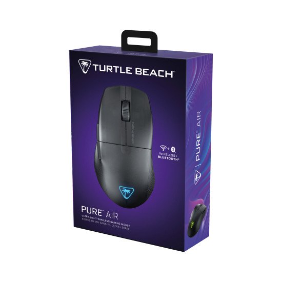 Turtle Beach Pure Air - Souris de gaming RGB ergonomique sans fil ultra-légère, capteur optique 26 000 PPP, batterie 125 heures, double système sans fil, interrupteurs optiques TITAN, Bluetooth, éclairage RGB. Semi-translucide noir