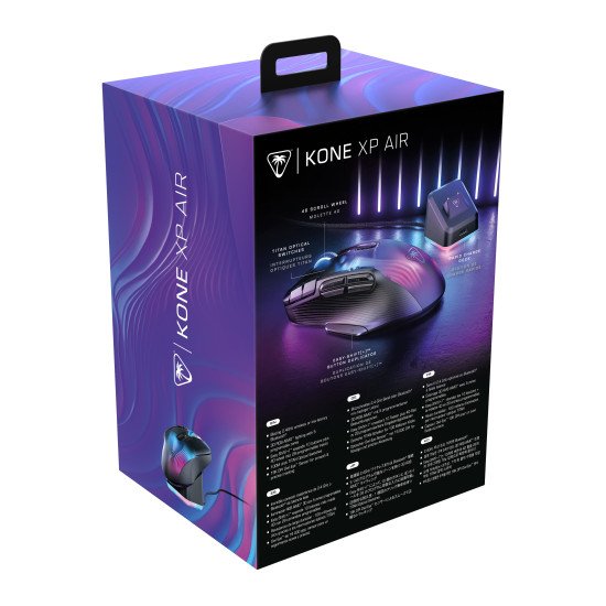 Turtle Beach Kone XP Air - Souris gaming RGB ergonomique, personnalisable et sans fil, Bluetooth, capteur optique 19 000 DPI, autonomie de batterie de 100 heures, station de charge, 29 entrées programmables, éclairage AIMO RGB, molette 4D Noir