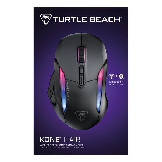 Turtle Beach Kone II Air - Souris gaming RGB ergonomique sans fil, batterie 350 h, capteur optique 26 000 DPI, interrupteurs optiques 100 M de clics, 21 entrées personnalisables, molette 4D Free-Spin - Noir cendre