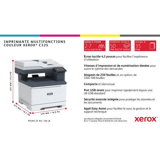 Xerox C325 copie/impression/numérisation/télécopie recto verso sans fil A4, 33 ppm, PS3 PCL5e/6, 2 magasins, 251 feuilles