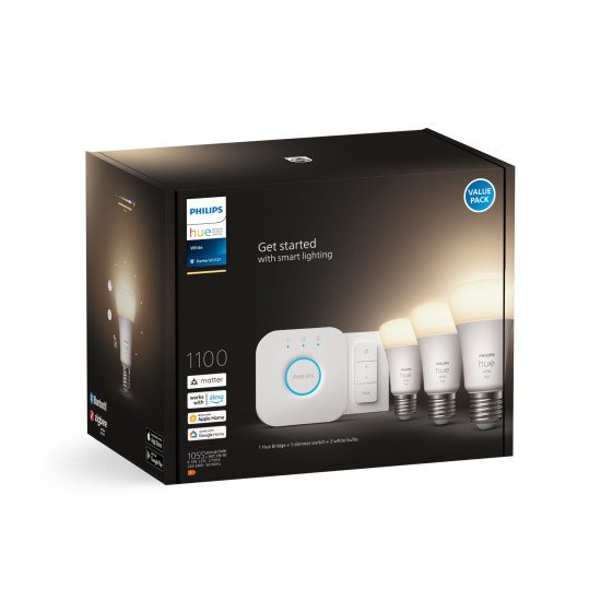 Philips Hue White Kit de démarrage : 3 ampoules connectées E27 (1100) + variateur