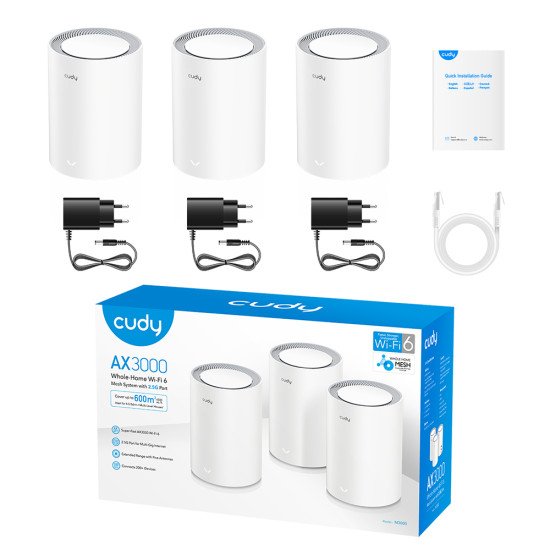 Cudy M3000 3-PACK système Wi-Fi maillé Bi-bande (2,4 GHz / 5 GHz) Wi-Fi 6 (802.11ax) Gris, Blanc 1 Interne