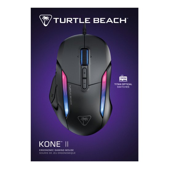 Turtle Beach Kone II - Souris gaming RGB ergonomique filaire, capteur optique 26 000 DPI, interrupteurs optiques 100 M de clics, 23 entrées personnalisables, molette 4D, patins en PTFE pur - Noir cendre