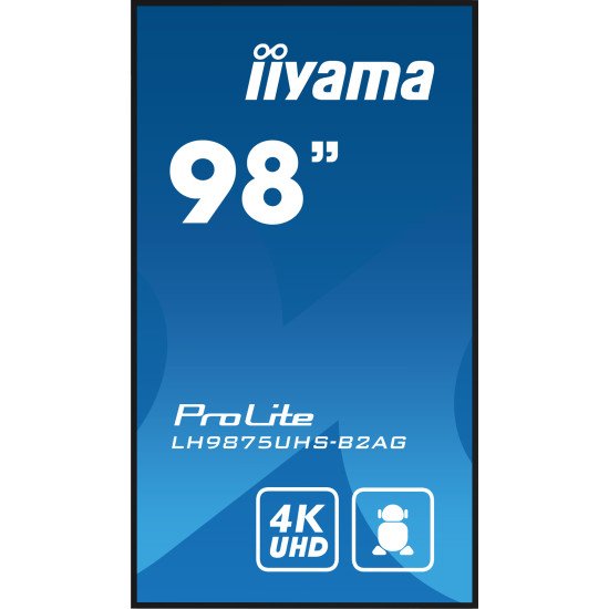 iiyama LH9875UHS-B2AG affichage de messages Écran plat de signalisation numérique 2,48 m (97.5") LED Wifi 500 cd/m² 4K Ultra HD Noir Intégré dans le processeur Android 11 24/7