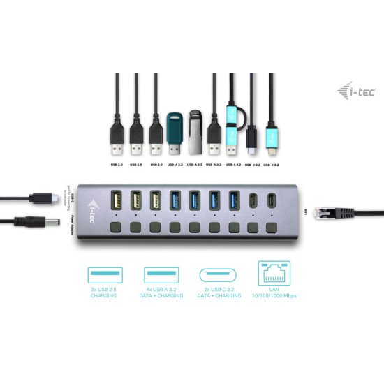 i-tec USB-A/USB-C Charging HUB 9port with LAN + Power Adapter 60 W