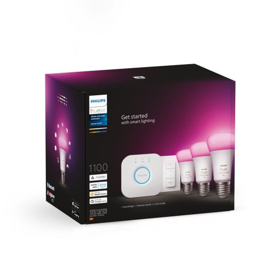 Philips Hue White and Color ambiance Kit de démarrage : 3 ampoules connectées E27 (1100) + variateur