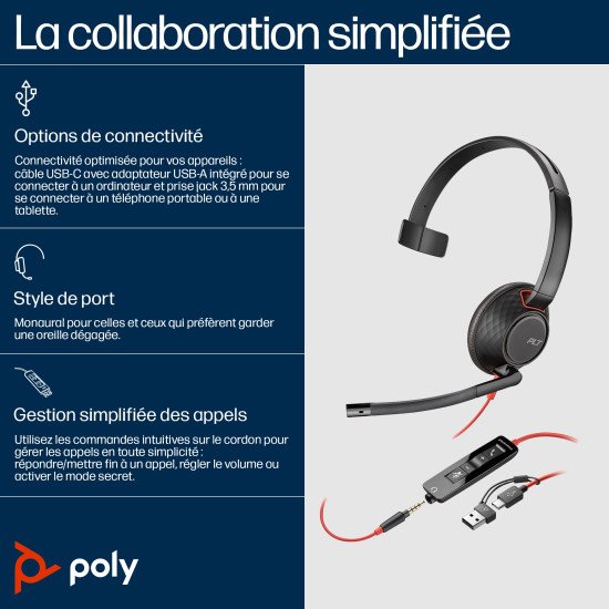 POLY Micro-casque monaural USB-C Blackwire 5210 + prise 3,5 mm + adaptateur USB-C/A (lot)