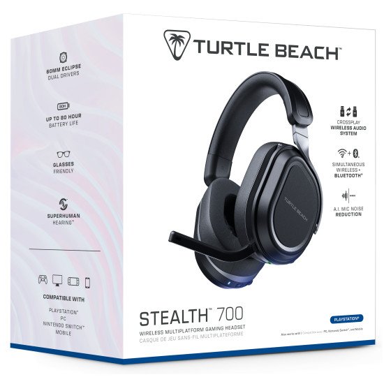 Turtle Beach Casque gaming amplifié multiplateforme sans fil Stealth 700 pour PS5, PS4, PC et mobile - Haut-parleurs 60 mm, microphone avec isolation acoustique par l'IA, Bluetooth, autonomie 80 heures, deux émetteurs - Noir