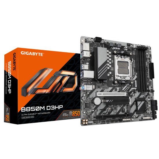 GIGABYTE B850M D3HP Carte Mère - Processeurs AMD Ryzen Série 9000, 5+2+2 phases VRM numériques, jusqu'à 8200MHz DDR5 (OC), 1xPCIe 5.0 + 1xPCIe 4.0 M.2, LAN GbE, USB 3.2 Gen 2