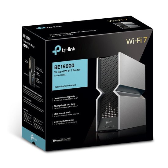 TP-Link Archer BE800 routeur sans fil Multi-Gigabit Ethernet Tri-bande (2,4 GHz / 5 GHz / 6 GHz) Noir, Acier inoxydable