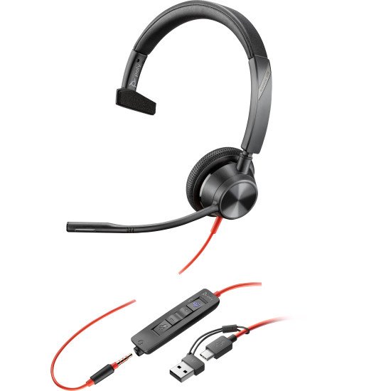 POLY Micro-casque Blackwire 3315 monaural USB-C certifié Microsoft Teams + connexion 3,5 mm + adaptateur USB-C/A