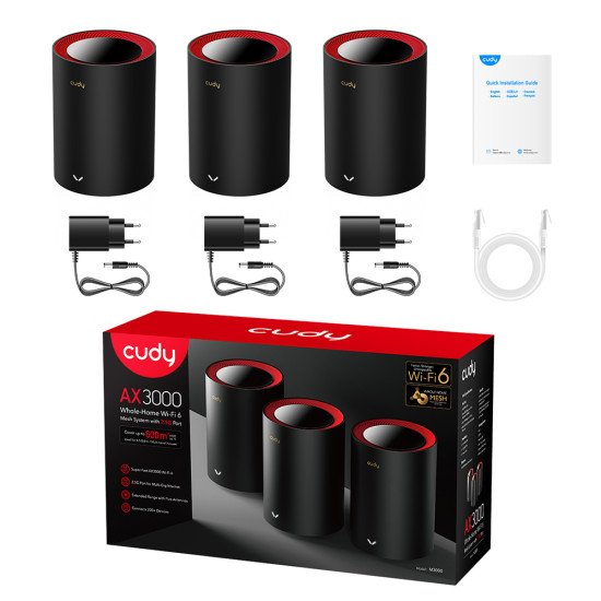 Cudy M3000 3-Pack Bi-bande (2,4 GHz / 5 GHz) Wi-Fi 6 (802.11ax) Noir, Rouge 1 Interne