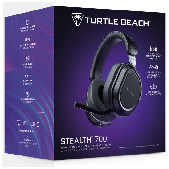 Turtle Beach Casque gaming amplifié multiplateforme sans fil Stealth 700 pour PC, PS5, PS4 et mobile - Audio 24 bits, haut-parleurs 60 mm, microphone avec isolation acoustique par l'IA, Bluetooth, autonomie de la batterie de 80 h - Noir