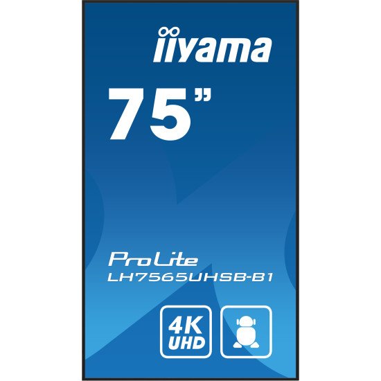 iiyama LH7565UHSB-B1 affichage de messages En forme de kiosk 189,2 cm (74.5") LED Wifi 800 cd/m² 4K Ultra HD Noir Intégré dans le processeur Android 11 24/7