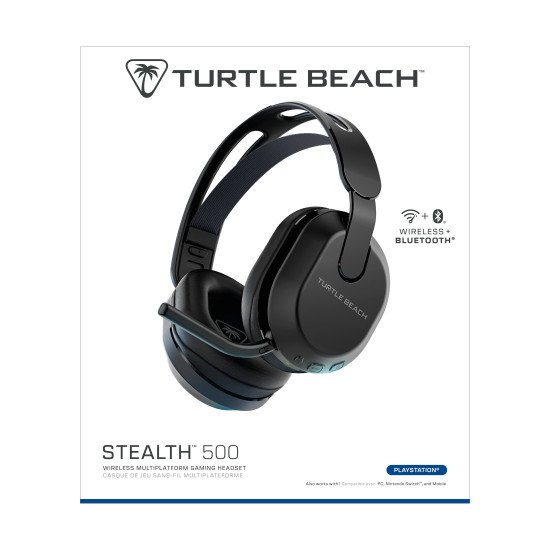 Turtle Beach Casque gaming amplifié sans fil Stealth 500 officiel pour PS5, PS4, PC, Nintendo Switch et mobile - 40 heures de batterie, Bluetooth, coussinets en mousse à mémoire de forme, microphone désactivable par basculement et préréglages d'égalisatio