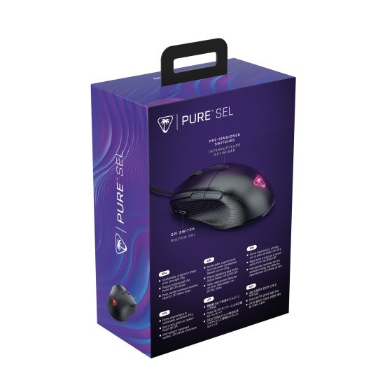 Turtle Beach Pure SEL - Souris gaming ergonomique ultralégère RGB, capteur optique DPI 8K, touches mécaniques, système de prétension, patins en PTFE pur, éclairage RGB Noir